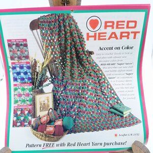 Vintage Red Heart Crochet Pattern and Instructions, Accent on Color Afghan 1990s